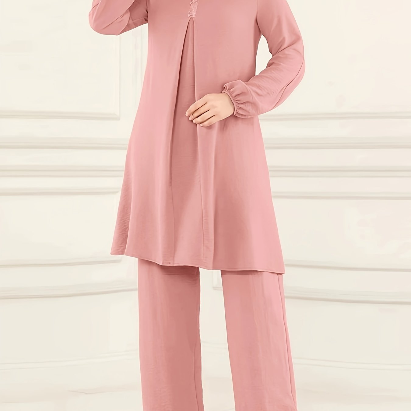 Ramadan Elegant Solid Muslim Two-piece Set for Women: Long Sleeve Crew Neck Top with Straight Leg Pants.