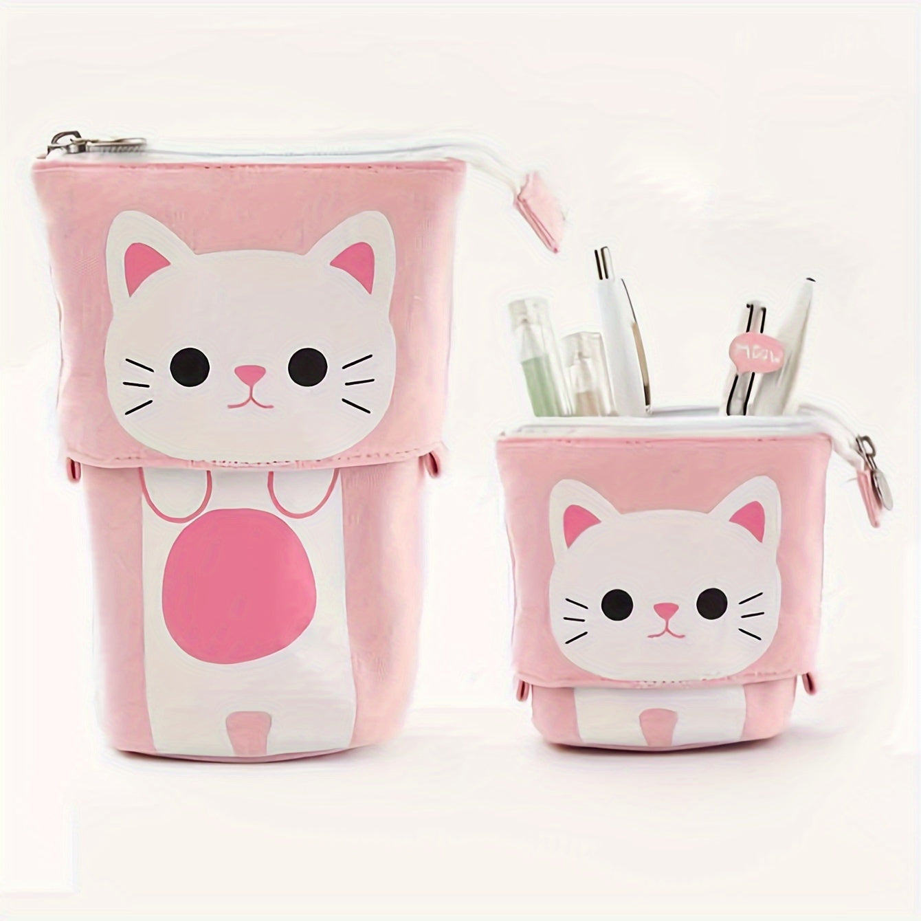 Canvas cat pencil case with zippered expandable design, 2-in-1 telescopic pouch for students.