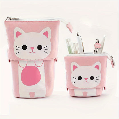 Canvas cat pencil case with zippered expandable design, 2-in-1 telescopic pouch for students.