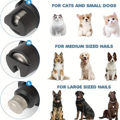 Quiet pet nail grinder for dogs and cats with LED light, rechargeable, 2 speeds, includes nail file and clipper, ideal for large dogs.