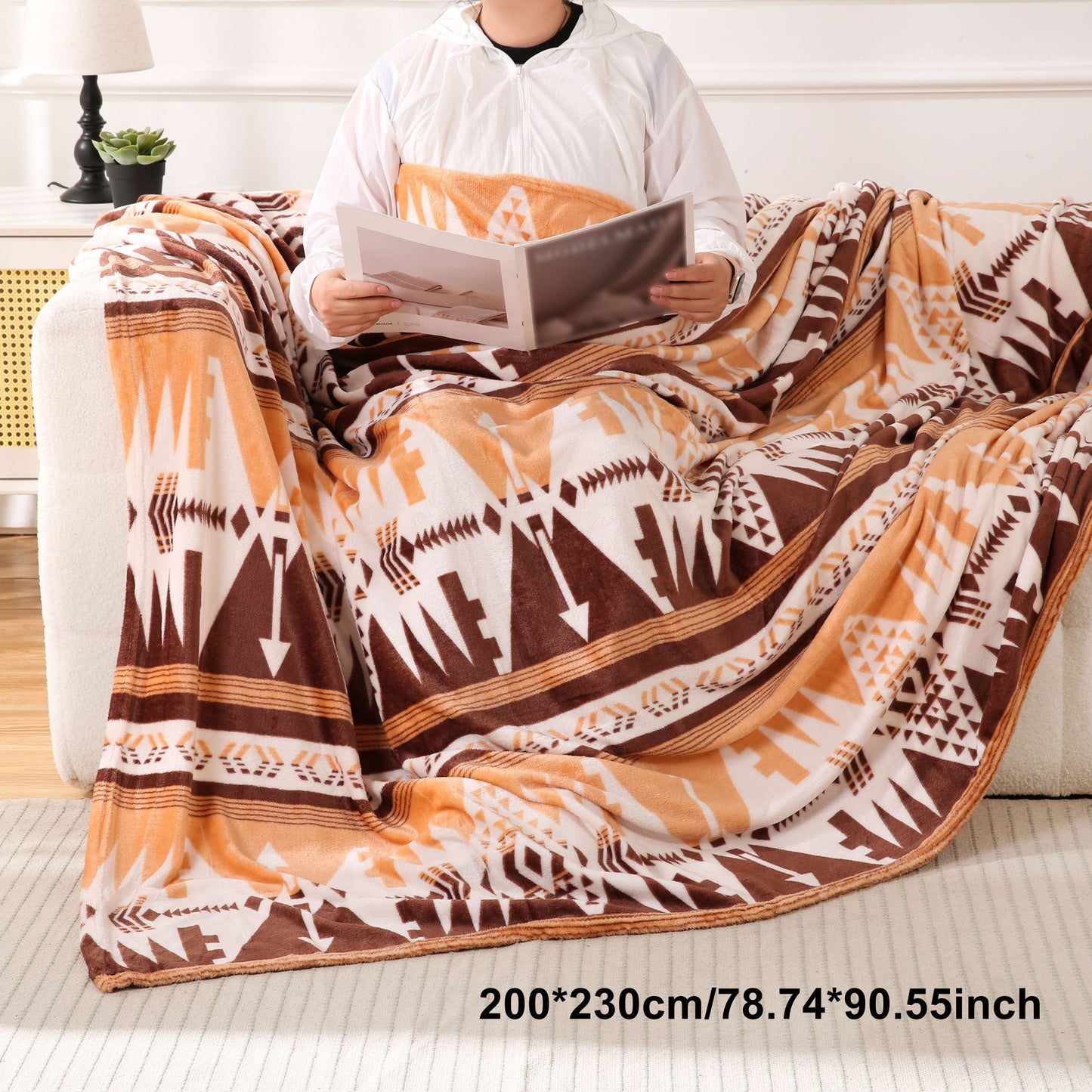 Southwest Native American Flannel Polyester Throw with Double-Sided Aztec Geometry Pattern Travel Couch Bed Blanket that is Plush, Soft, Lightweight, and Suitable for All Seasons