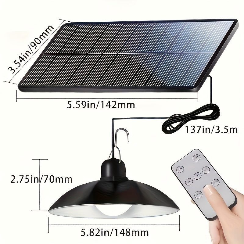 Solar LED pendant light with remote control, double head outdoor hanging lamp for RV camping and garden decoration. Suitable for square, shed house, and porch.