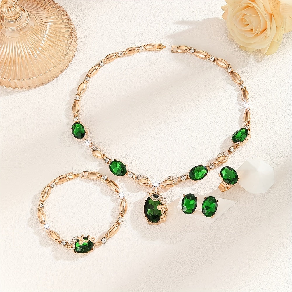 Sparkling 5-piece Jewelry Set featuring Synthetic Emerald & Glass Accents - Ideal for Everyday Wear & Special Occasions. Great for St. Patrick's Day or as a Gift. Beautifully Crafted in 14K Gold Plating - suitable for any season.