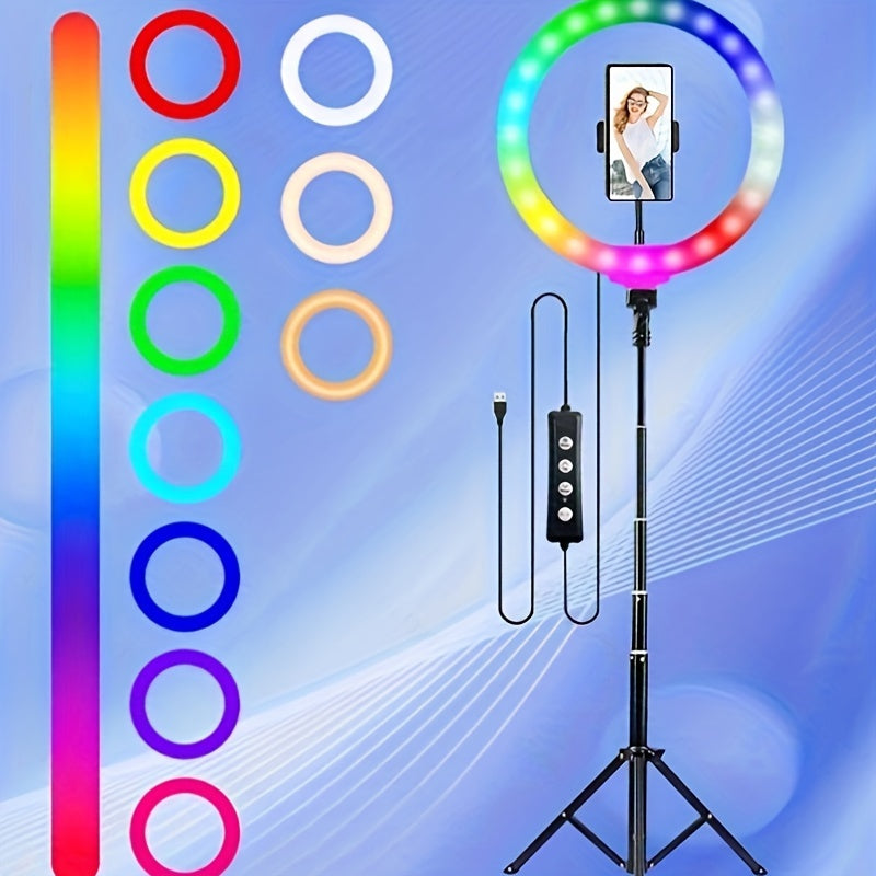 25.4cm Ring Light with Stand and Phone Holder, 132.08cm Tall, 38 Color Modes, Stepless Dimmable LED Ring Light