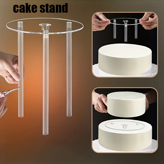 Transparent cake stacking kit with adjustable dowels and partition, ideal for weddings, birthdays, and home baking. Reusable and food-safe plastic tool for layered cakes.