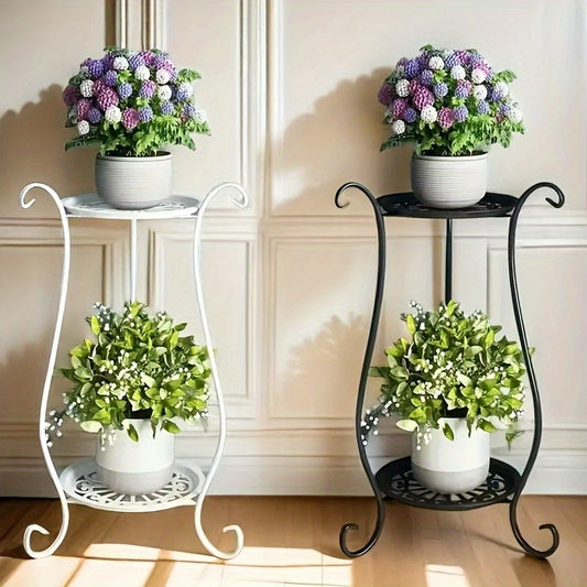 Elegant double layer metal flower stand, lightweight and durable. Suitable for both aquarium and home garden display. Perfect for indoor and outdoor plant stand with hanging flower pots.