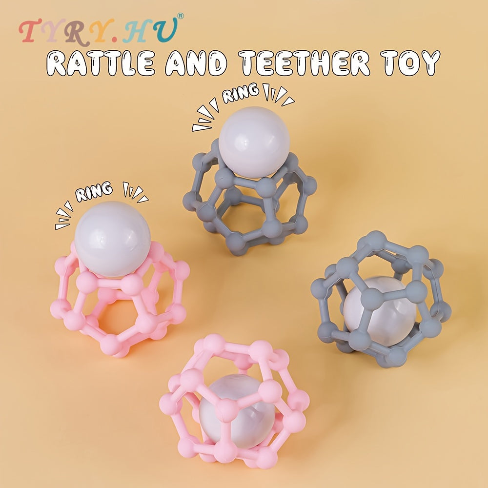 Soft silicone rattle teether ball by TYRY.HU - A perfect toy for little ones to easily grip. Ideal for gifting during Christmas and Thanksgiving in stylish grey and pink colors.