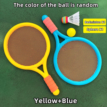 Kids badminton and tennis racket set for ages 3-6. Interactive outdoor family sports game. Educational coordination play toys made of durable plastic with anti-slip soft handle.