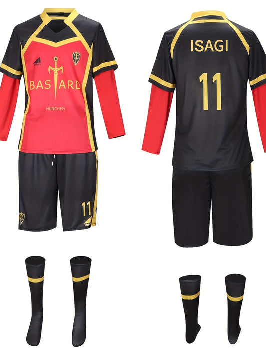 Caesar No. 10 Anime Character Cosplay Outfit, No. 11 Isagi, complete set of 4pcs including shirt, shorts, socks, and sleeves.