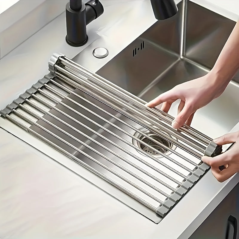 Stainless Steel Roll-Up Dish Drying Rack for Sink - Portable Drainer and Storage Rack with Non-Slip Silicone Edges, Foldable Utility Rack for Kitchen Tools, Includes Sink Grid Mat