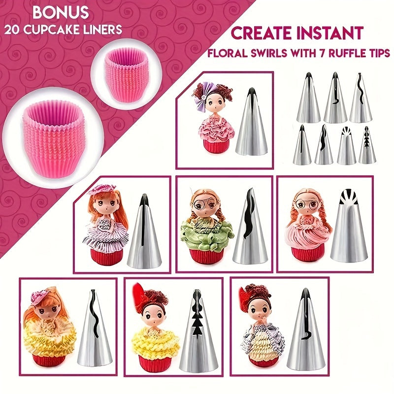 Deluxe cake decorating kit includes 200 pieces with pink turntable, silicone piping tips, reusable bags, and more. Perfect for DIY baking and cake design with food-safe plastic supplies.