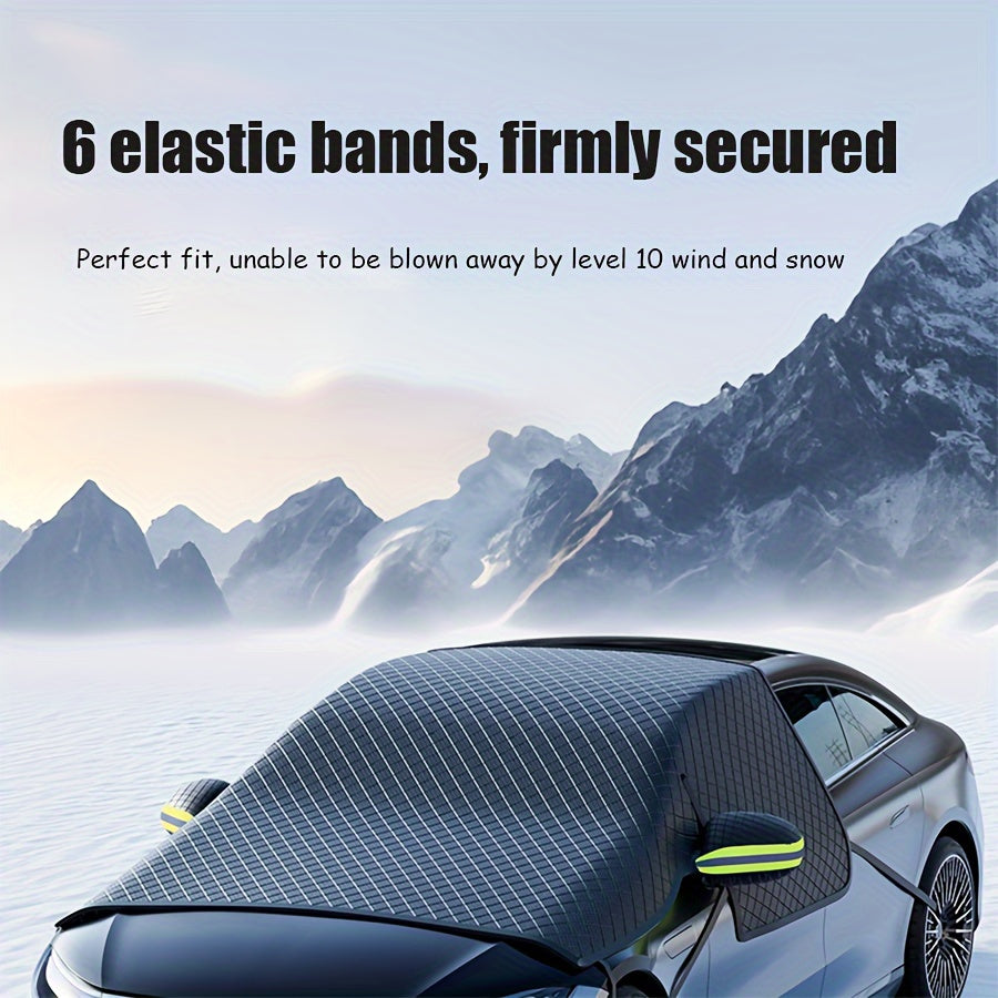 Durable polyester cover protects car windshield from snow and frost, fits most vehicles.