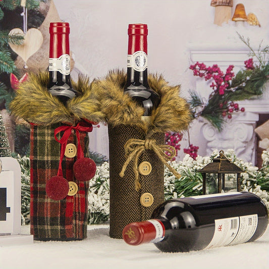 Christmas Wine Bottle Set with Denim Burlap and Bow Decoration - Perfect for European and American Style Homes