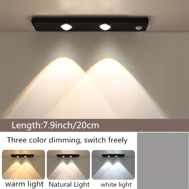 Wireless USB Rechargeable Motion Sensor LED Strip Light with 3 Color Dimming and Sunset Pattern - Ideal for Kitchen, Wardrobe, Cabinet, Bedroom - Ceiling or Wall Mount, Lithium Battery Powered.