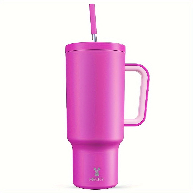 1 leakproof stainless steel travel mug with handle, straw, and insulated lid, suitable for outdoor activities and travel.