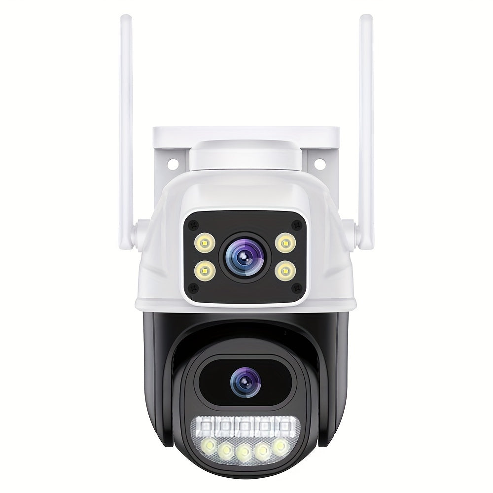 Icsee outdoor 3-lens camera with 4K resolution, dual screens, 8MP, WiFi, 8x zoom, human detection, auto tracking, and security surveillance.