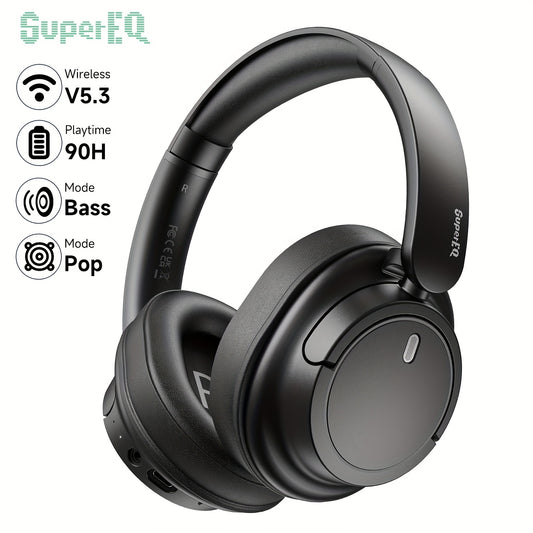 SuperEQ V16 Over-Ear Wireless Headphones featuring Wireless 5.3, Foldable Design with Mic, Deep Bass/Pop Modes, 90H Playtime, Lightweight & Comfortable.