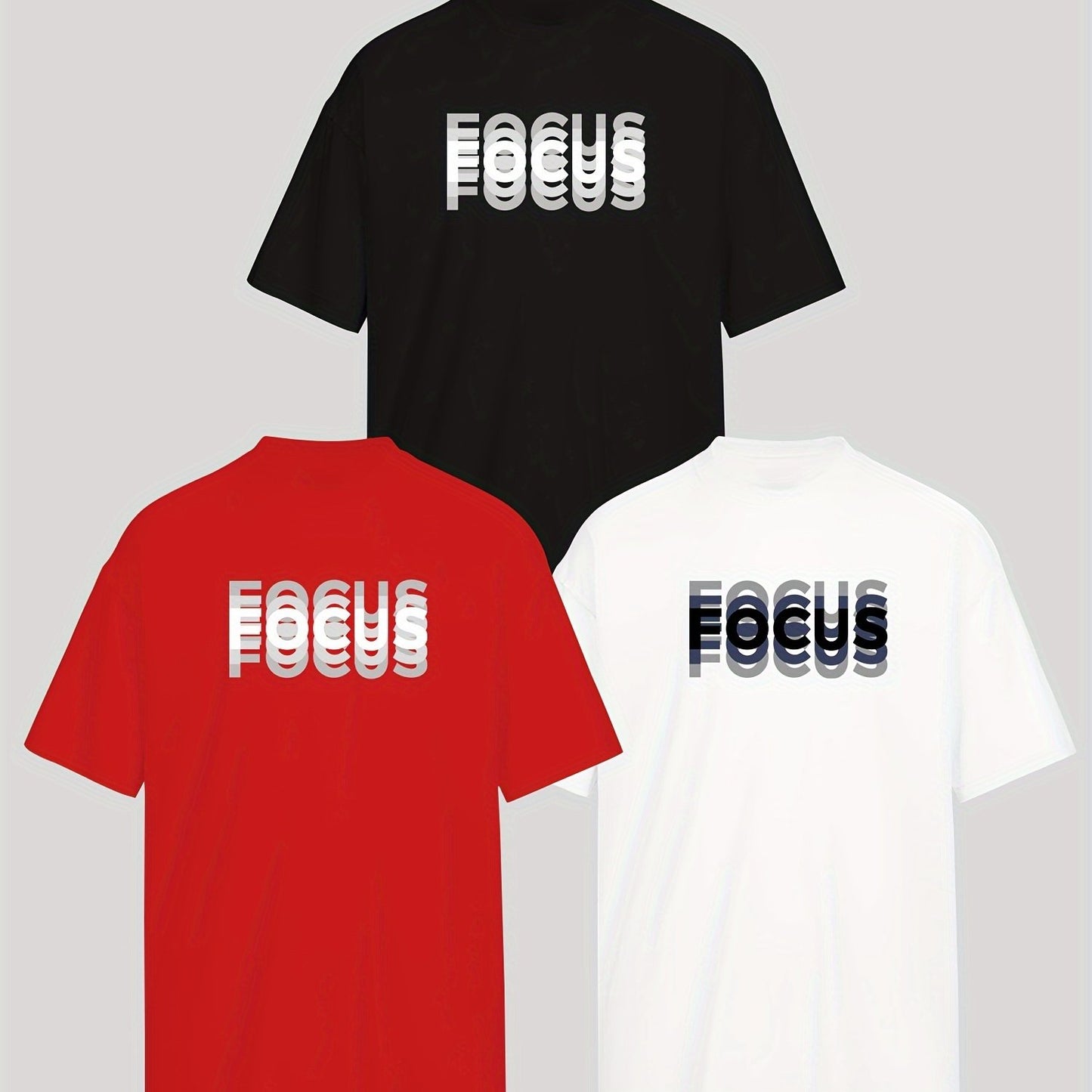 MBDMBD Men's Trendy Letter Print T-Shirt in White with "FOCUS" Design. Made of 180g/㎡ Polyester Blend.