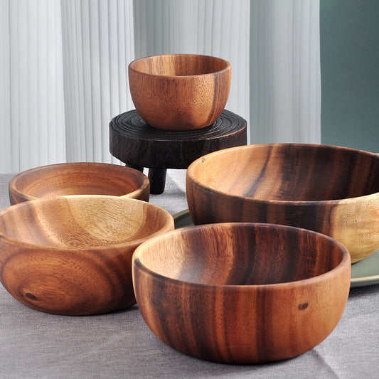 Set of 2 Wooden Salad Bowls made from Durable Acacia Wood - Perfect for Serving Fruit at Home, in the Kitchen, on Picnics, while Camping, or at Events and Parties