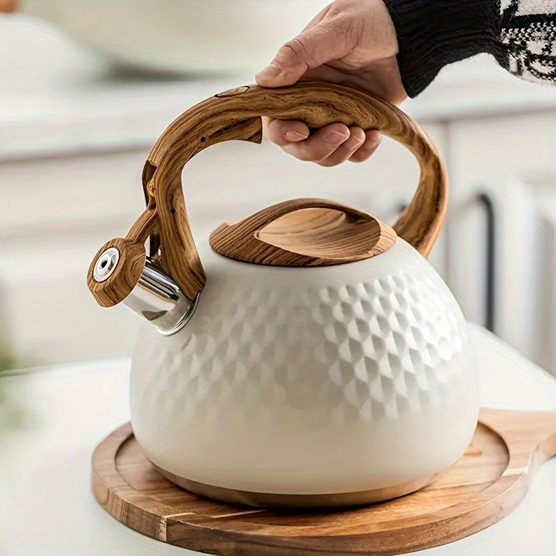 Whistling Kettle with Wooden Handle crafted from Stainless Steel - Ideal for Induction & Gas Stoves, Featuring a Beautiful Hammered Design