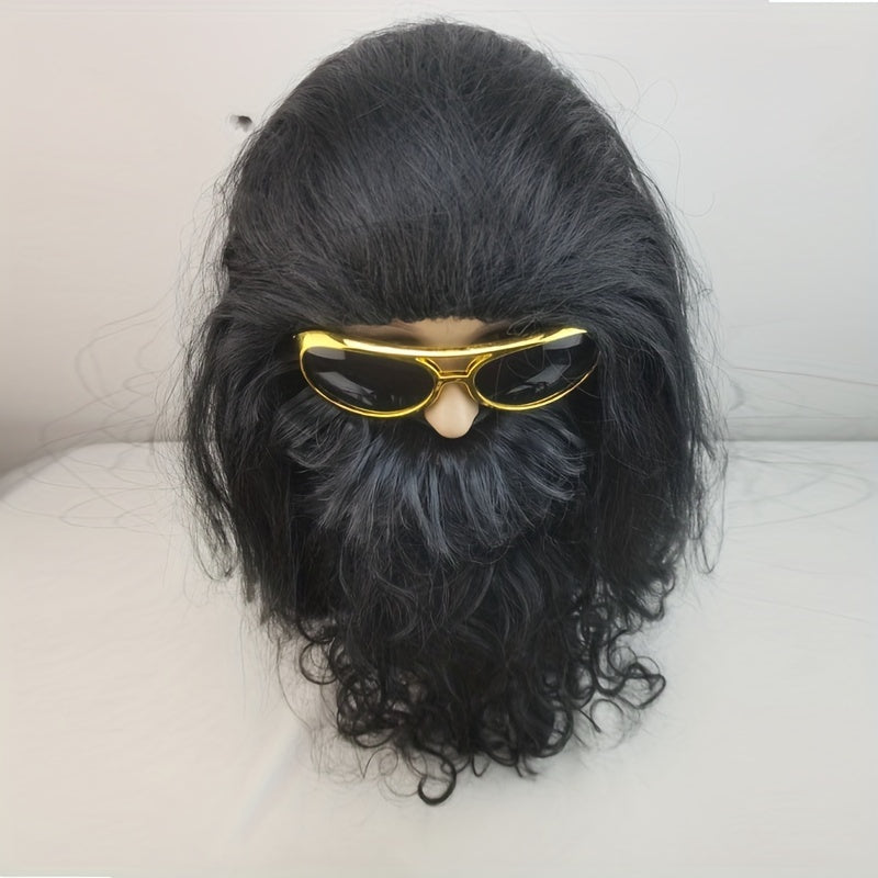 Set of 3: Men's Long Black Wig and Beard with Glasses for Halloween Caveman Costume