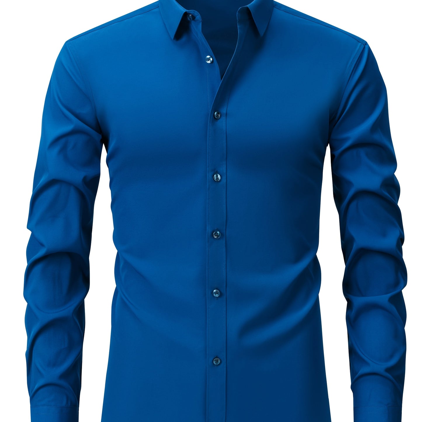 Men's solid black long sleeve shirt with lapel collar, made of 100% polyester with a slight stretch, 120gsm woven fabric, regular fit for all-season casual business wear, no chest pad