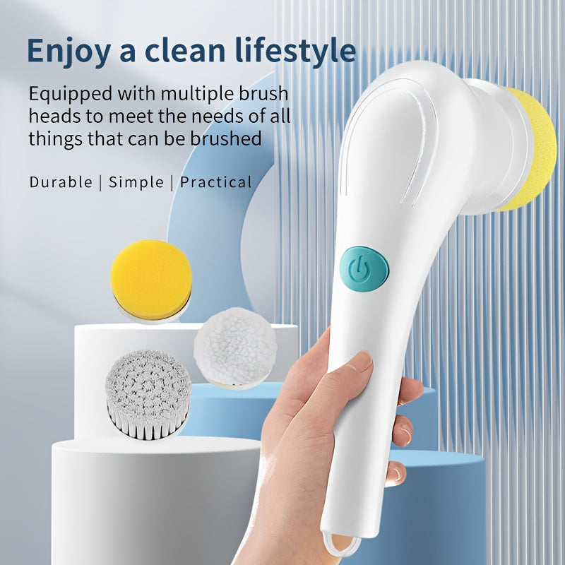 A household cleaning tool set featuring a rechargeable electric brush with 5 interchangeable heads. This multi-functional handheld brush offers USB charging, medium hardness, and is ideal for use in the bathroom, kitchen, bedroom, living room, and