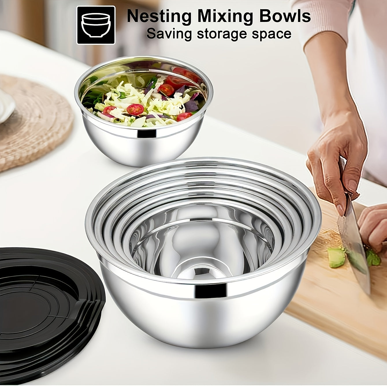 Set of 7 stainless steel mixing bowls with sealed black lids and 3 flossing tools. These nesting bowls are perfect for various kitchen tasks including baking, serving, cooking, dishwashing, and more. Can be used as a fruit bowl, noodle bowl, or any other