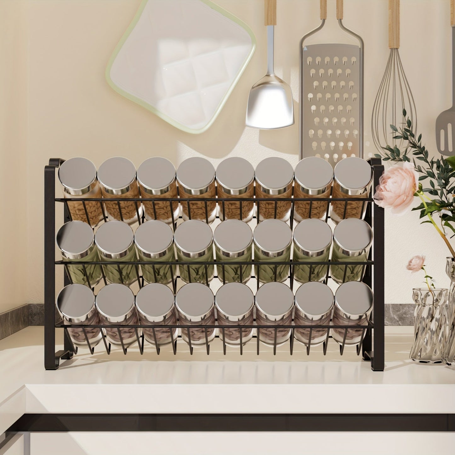 Unfinished Metal Spice Rack Organizer with 3 Tiers for Kitchen Storage, Includes Spice Jar, Food-Safe Material, Great for Seasoning and Condiment Organization, Perfect for Countertop Shelf