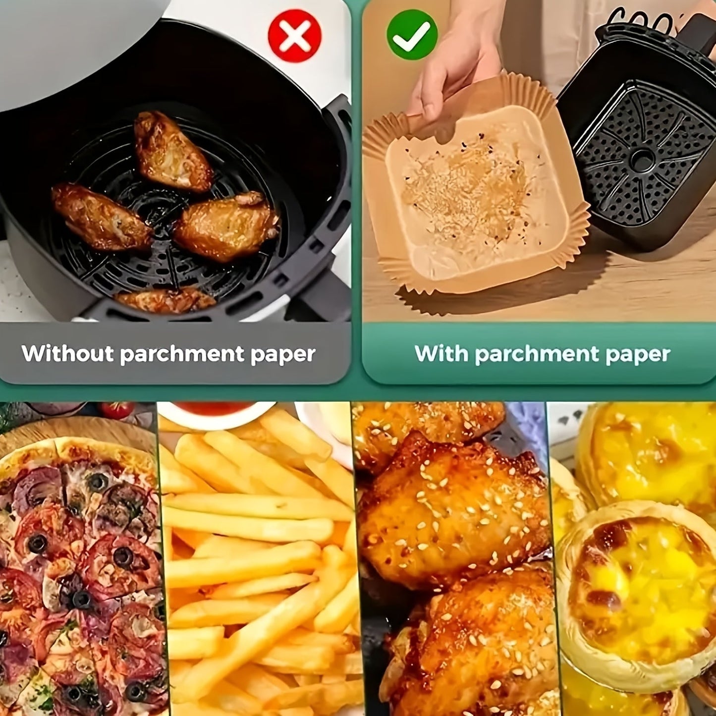 50-pack of disposable air fryer liners that are non-stick, rectangular paper baking trays, oven-safe basket bowls, chemical-free kitchen gadgets for baking and cooking accessories