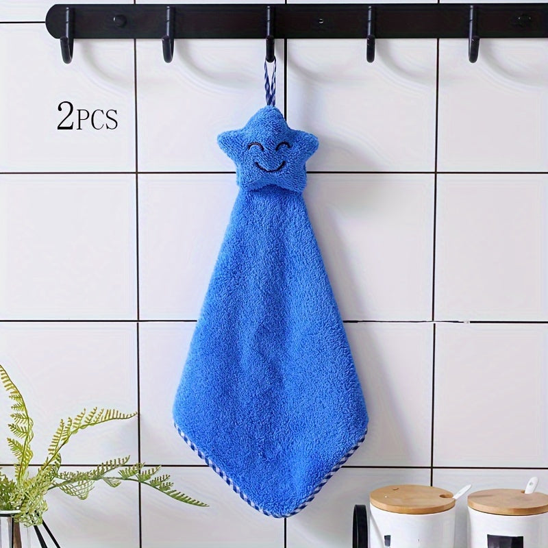 2pcs Cartoon Star Decor Fingertip Towels made from Coral Fleece for Kitchen and Bathroom Use. Ideal for drying hands, hanging in your home as a cute decoration, or using as a tea towel.