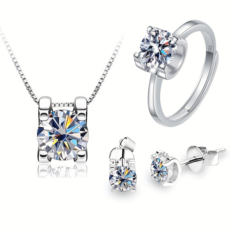 Complete 925 Sterling Silver Moissanite Jewelry Set featuring 1 pair of Earrings, 1 Necklace, and 1 Ring adorned with a 1ct Moissanite stone. High quality pieces ideal for Engagement or Wedding, a perfect Christmas gift complete with Certificate and Box.