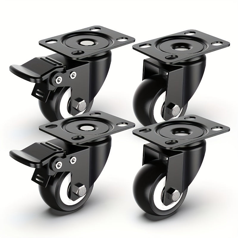 Set of 4 heavy duty 3.81 cm caster wheels for furniture, with optional brake. Ideal for table, chair, equipment, and storage bins.