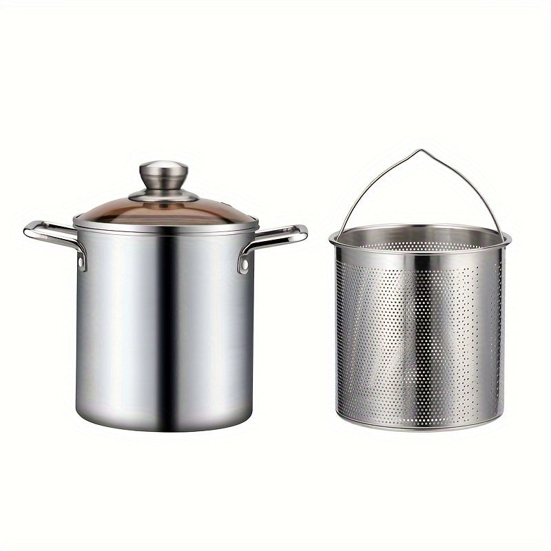 Cooking essentials: Stainless Steel Stockpot Set with Strainer Basket. Crafted from high-quality SUS304 stainless steel, this set is perfect for frying, making soup, and sauces. Induction compatible and no power needed, making it versatile for any