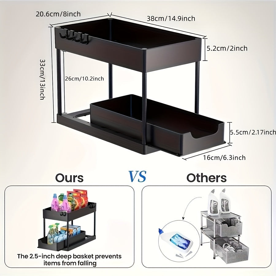 Plastic kitchen organizer rack with tiered shelf and pull-out storage for easy cleaning. Great for kitchen or bathroom.