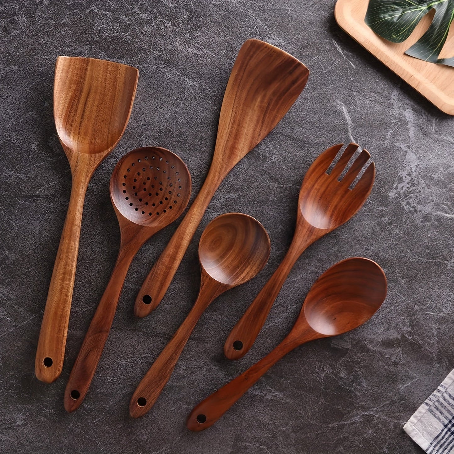 Set of 7 Non-Stick Wooden Kitchen Utensils in Storage Bucket - Includes Spatula, Ladle, Salad Fork, and More for Convenient Cooking