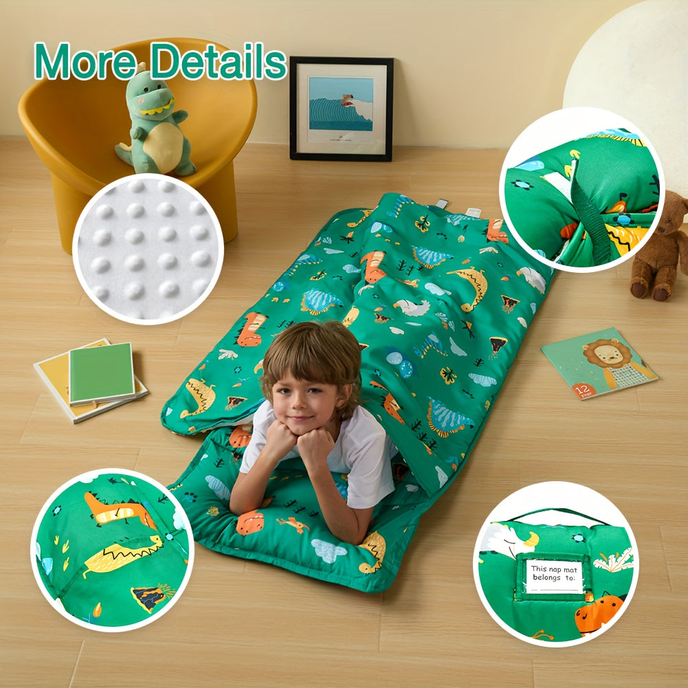 1 piece of BEEWEED Dinosaur Print Nap Mat including Pillow and Blanket, made of Polyester Sleeping Bag. It is Foldable & Portable, Moderately Soft, Non-Washable, suitable for Daycare, Travel, Camping, for children aged 3-6 Years. This would make an Ideal