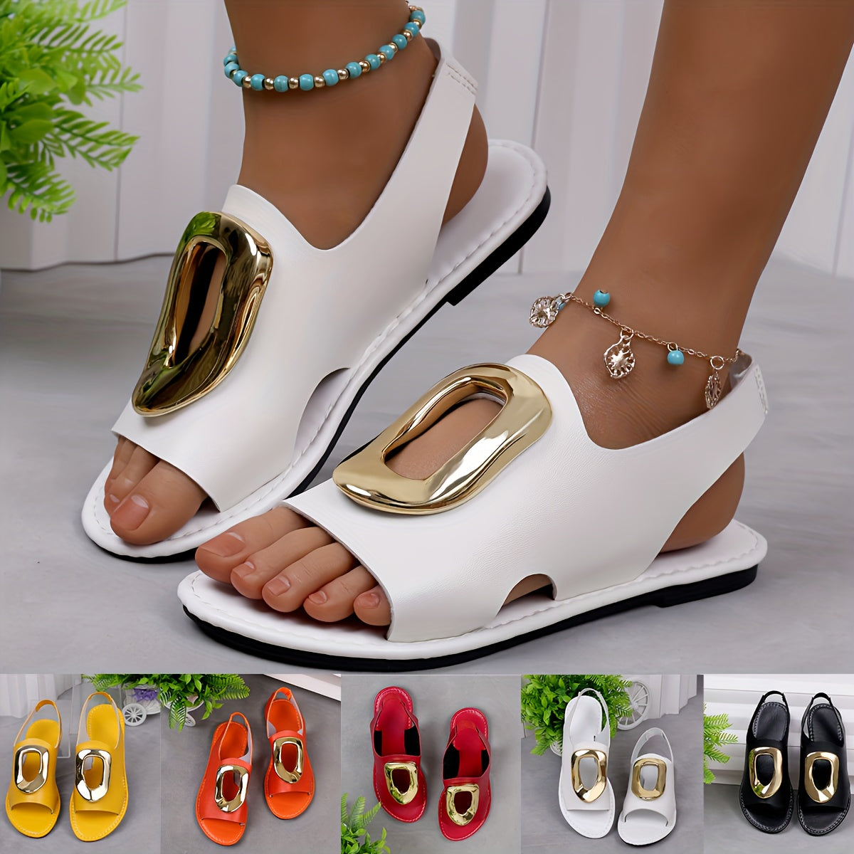 Flat, Lightweight Solid Color Sandals with Metallic Buckle Ankle Strap, Comfortable Beach Shoes