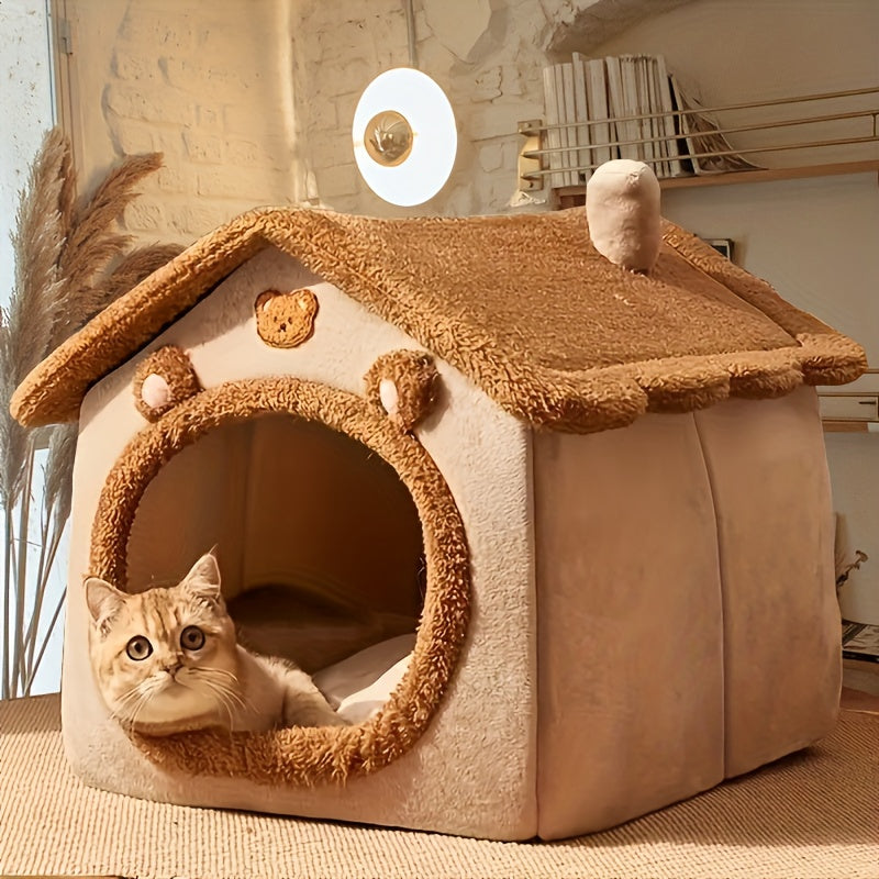 Detachable brown bear style dog house made of polyester, suitable for extra small and small dogs, provides warmth and comfort all year round.