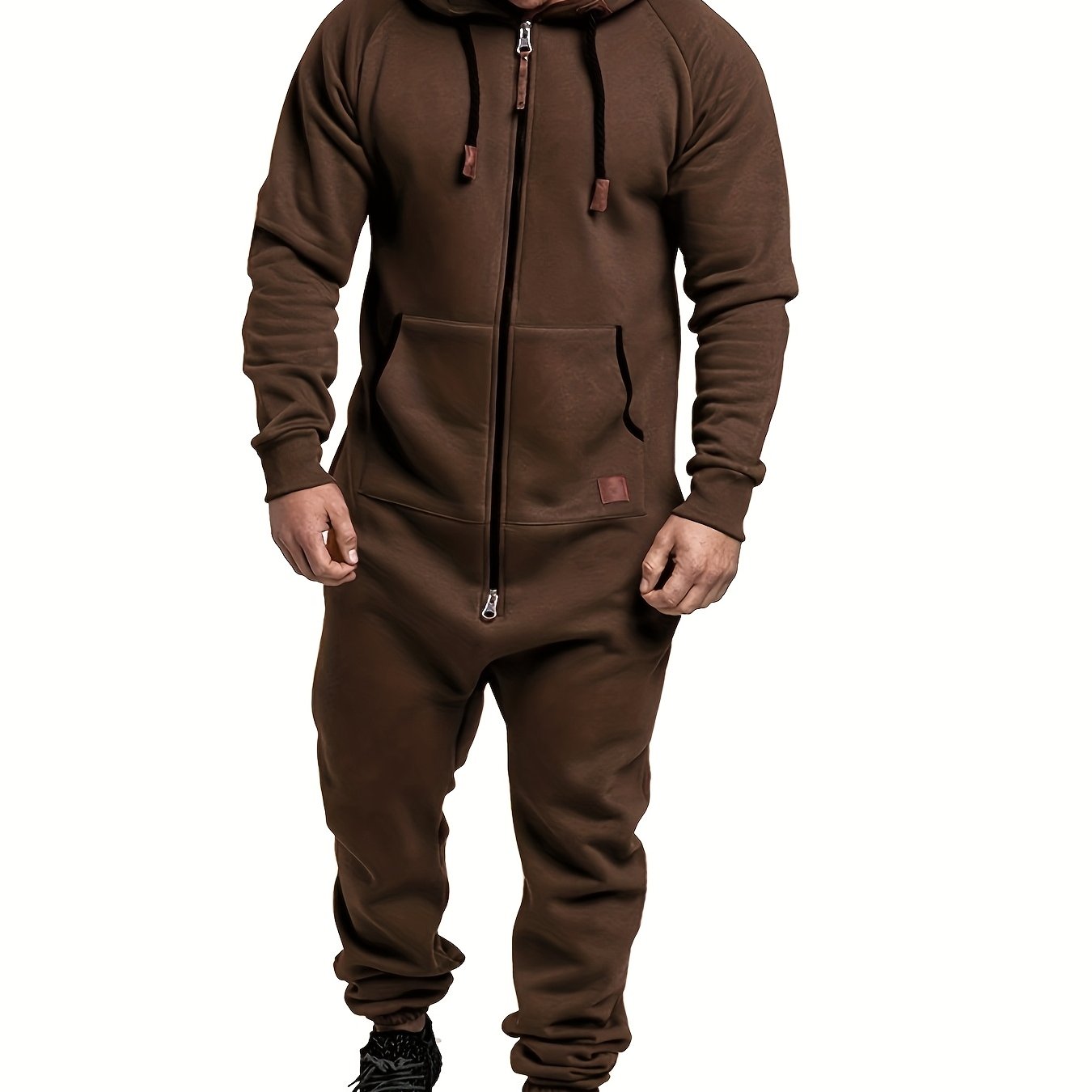 Men's Winter Pajama Jumpsuit - Solid color, long sleeved knit fabric, 100% polyester, hooded collar, with pockets and slight stretch. Comfortable lounge wear.