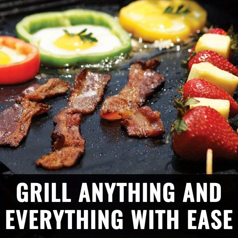 Set of two fiberglass grill mats that are non-stick, reusable, and easy to clean. Suitable for use with gas, charcoal, and electric grills. Includes one mat measuring 40.01x33.02cm and one mat measuring 40.01x59.94cm. Color: Black.