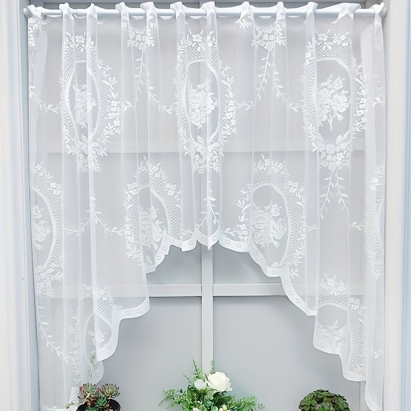 Add a touch of elegance with this American country style sheer curtain, featuring a floral lace half-curtain design with rod pocket. Made of semi-transparent polyester, this curtain is perfect for both kitchen and living room. Machine washable for easy