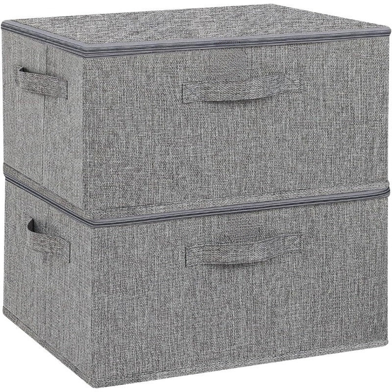 Two large capacity foldable fabric storage boxes with lids and handles for clothes, toys, and photos. Ideal for closet, bedroom, and home use.