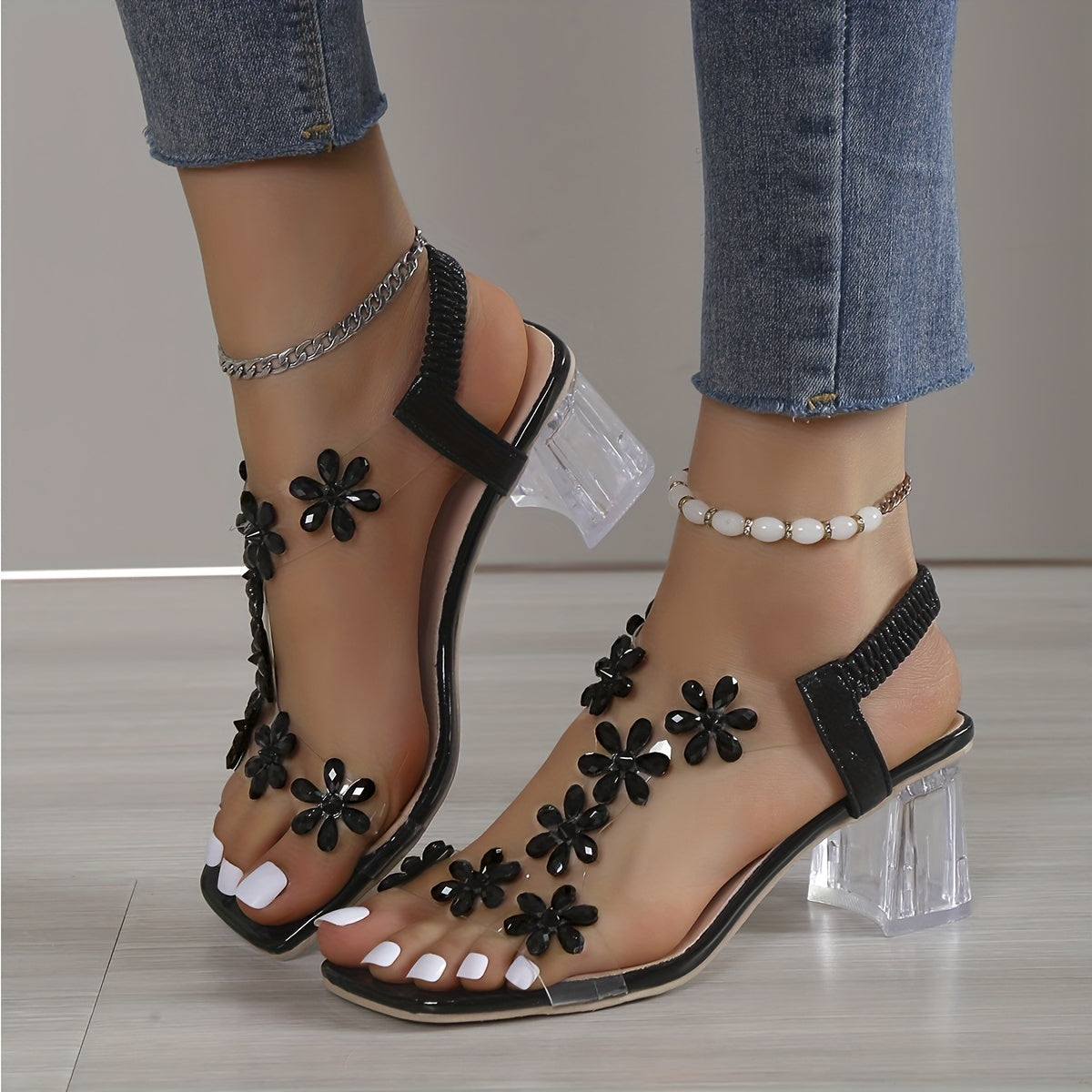 Chic Summer 2023 Women's Floral Block Heel Sandals with Pearl Accents