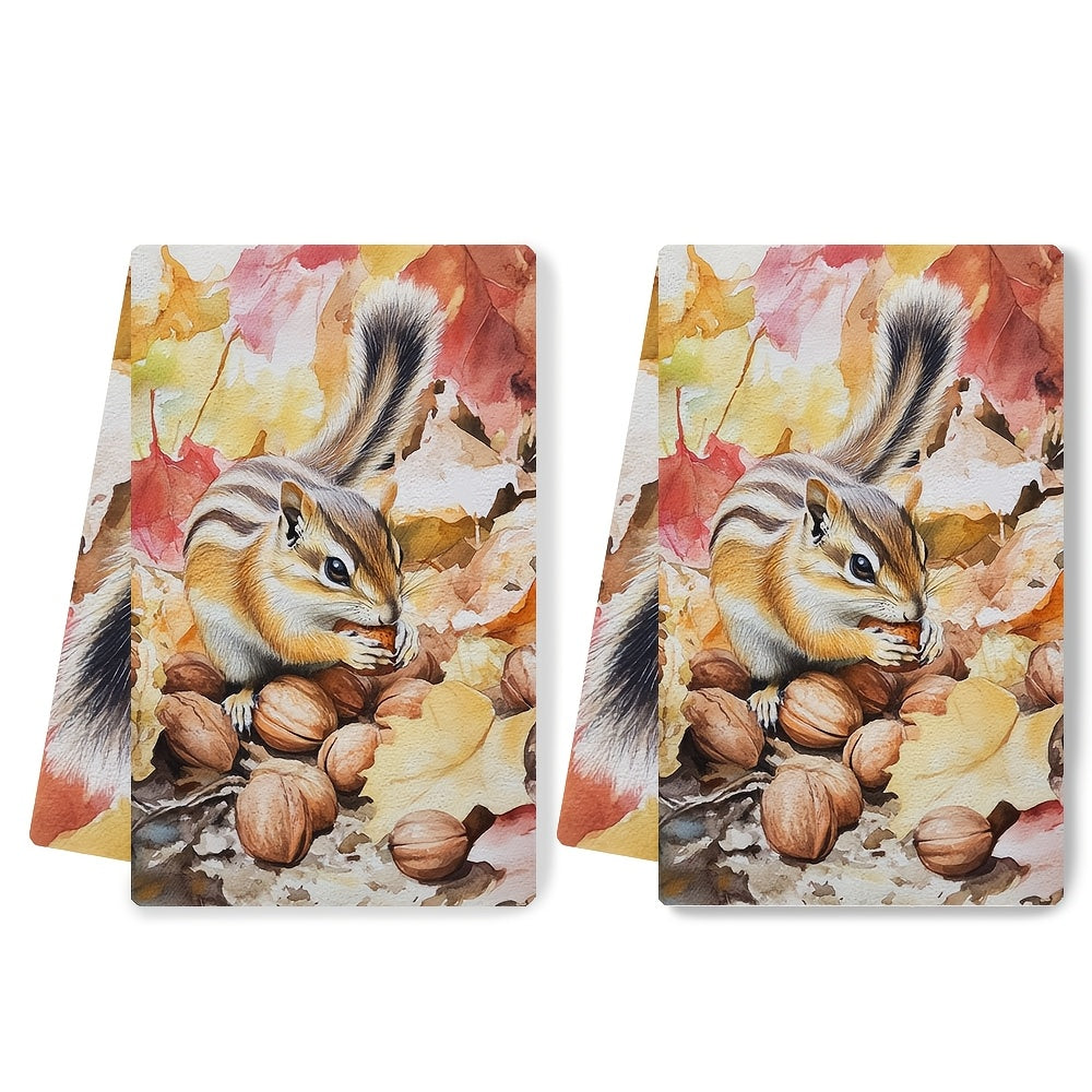 Set of 2 Ultra Soft Kitchen Towels featuring Chipmunk & Autumn Nuts Design. These Highly Absorbent & Quick-Dry Dish Hand Towels are Machine Washable and measure 40.64x60.96 cm. Ideal for Holiday Decor and as Dish Towels.