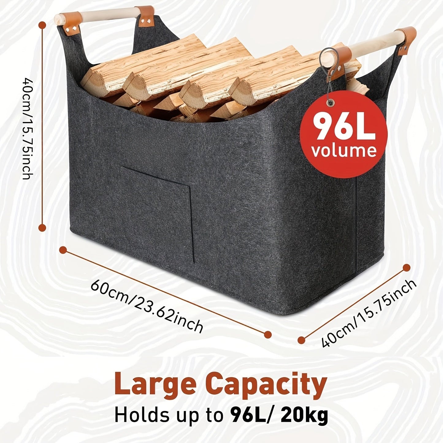 Large felt firewood basket with a capacity of 55L or 96L. Features heavy-duty construction with extended handles for use with indoor wood stoves. Foldable design for convenient storage of firewood and vegetables. Comes in a stylish deep gray color.