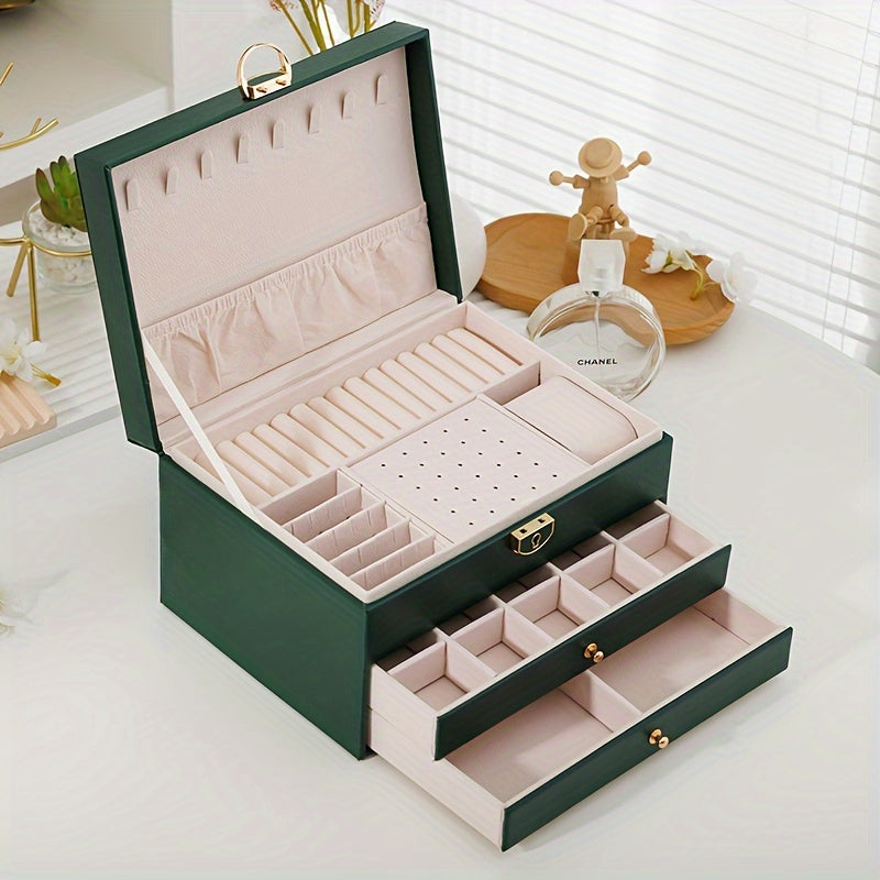 Stylish, lockable leather jewelry box with multiple compartments for home decor - 1pc