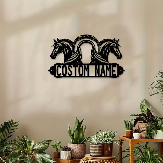 Customize your space with our one piece customizable black iron horse wall art. This personalized name metal sign is perfect for adding a rustic farmhouse touch to your home, office, porch, or patio. Handcrafted and distressed for a unique look, this