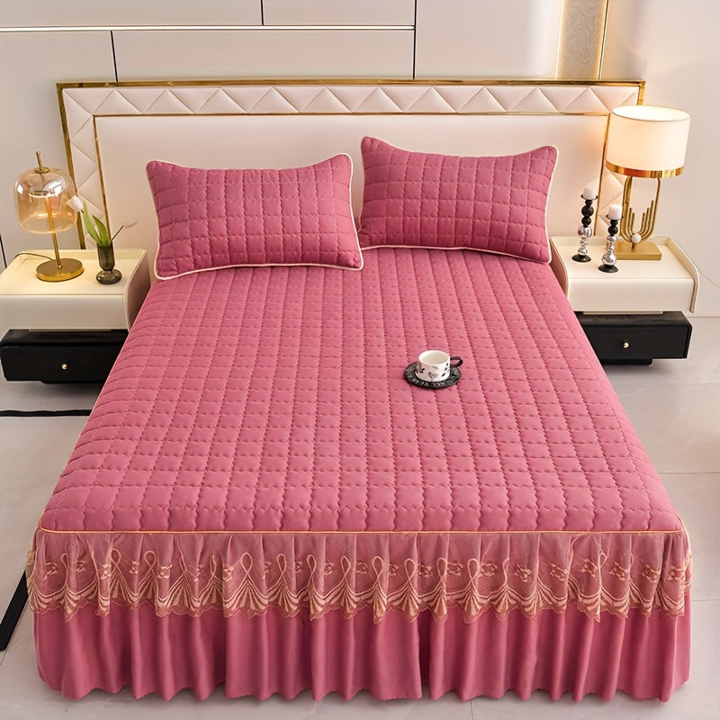 Luxury bedding set includes quilted edge bed skirt, 2 pillowcases, mattress protector, bed sheet, and duvet cover. Skin-friendly, breathable, and easy to maintain. Suitable for various