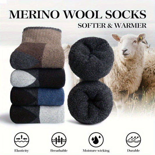 Five pairs of men's wool socks made with 100% wool knit fabric, solid color, breathable, moisture-wicking, thick, warm crew socks for indoor and outdoor use.